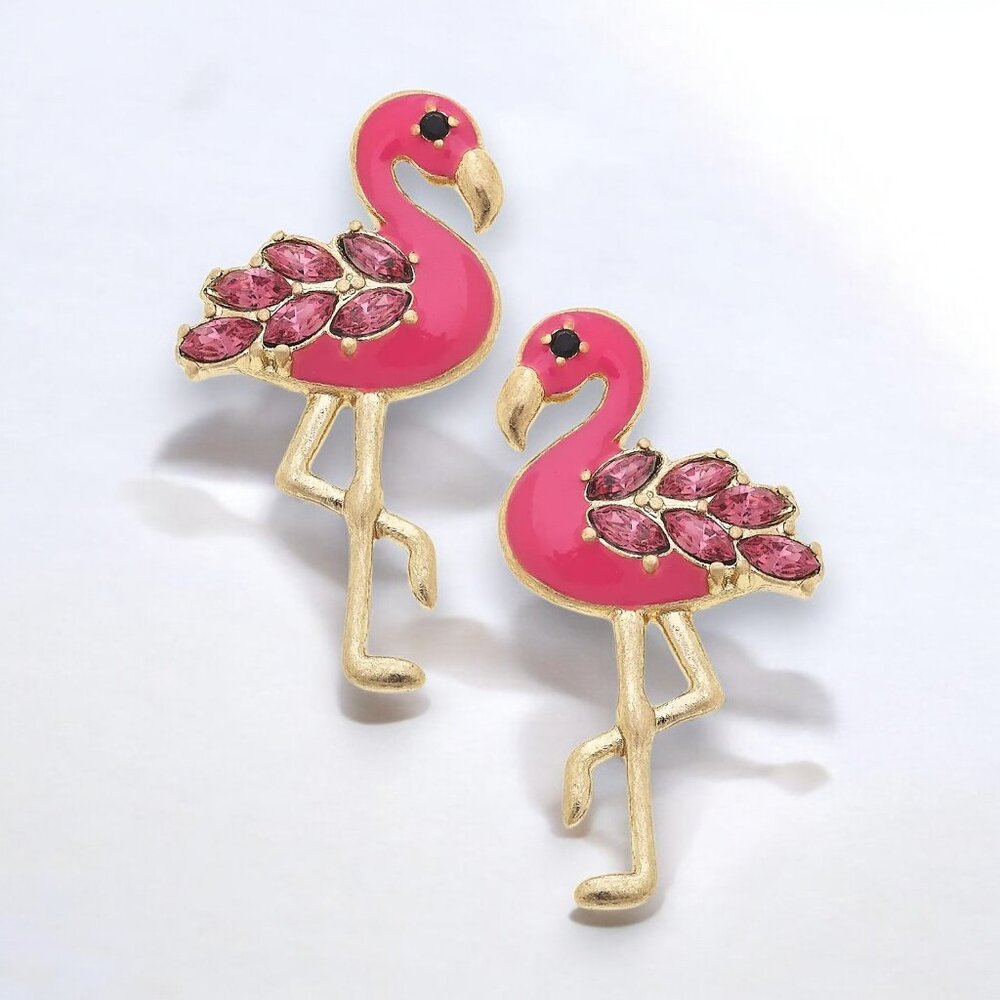 Pink Flamingo Crystal Enamel Statement Stud Earrings Gold Tone NWT